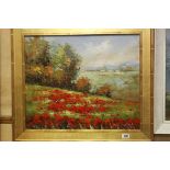 Oil on canvas of Continental Poppies in Field Landscape, 49cms x 59cms, framed