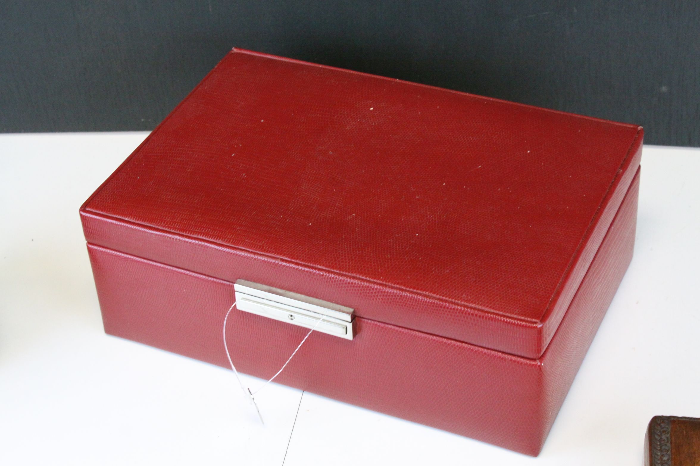 A red leather jewellery box with key, one other and a carved hardwood box. - Image 5 of 5