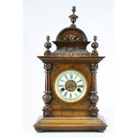 Late Victorian Eight Day Oak Cased Mantle Clock, the white enamel dial with Roman Numerals, 46cms
