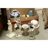 Mixed Lot of Ceramics including Staffordshire Figures, Dresden Style Lamp Base, Belleek Cornucopia