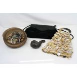 A box of mixed collectables to include a vintage handbag, a meerschaum pipe and a selection of
