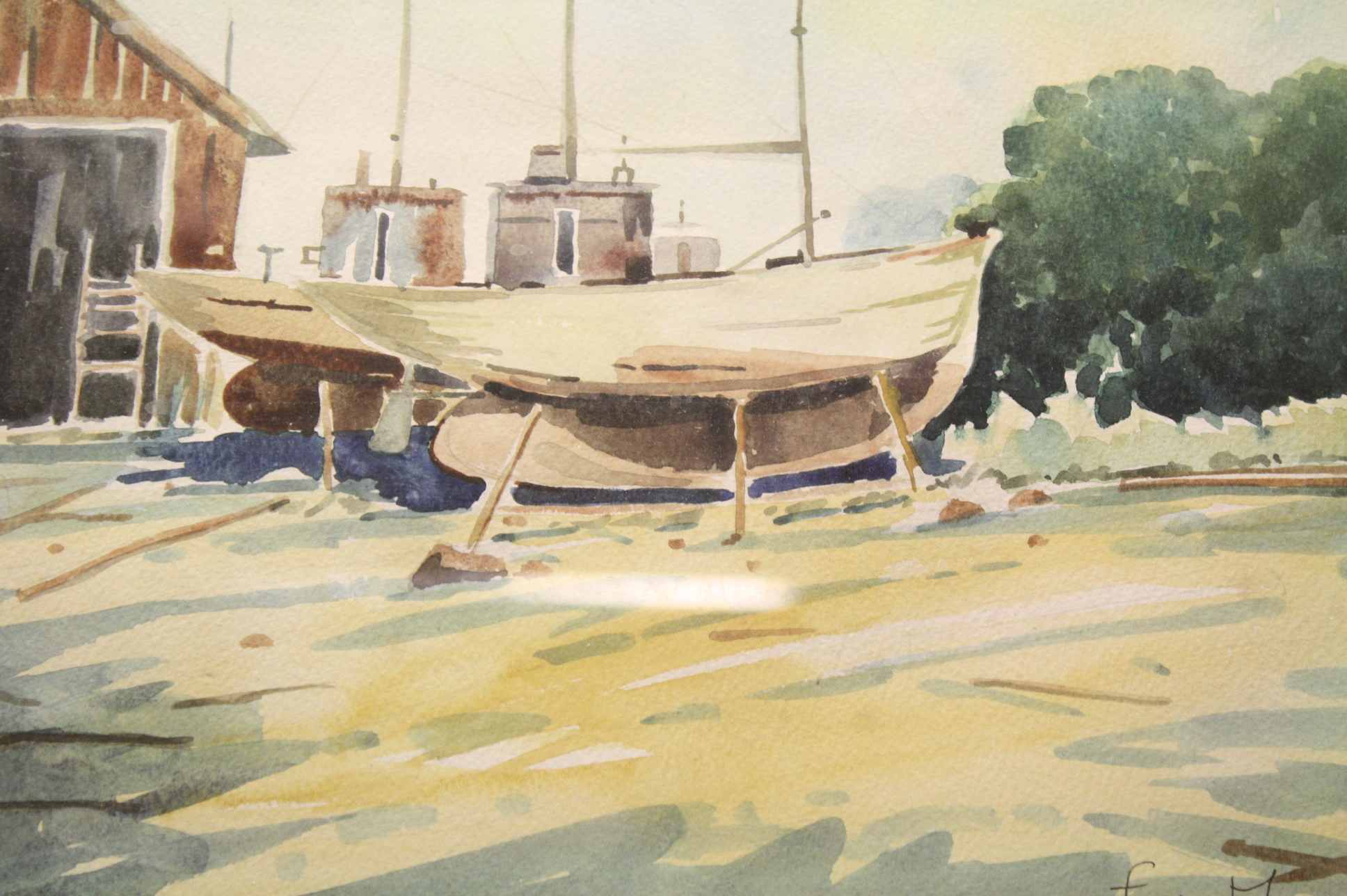 A signed framed watercolour, view of an old boat yard, 22.5 x 30cm - Image 3 of 3