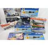 Nine boxed model kits, all unmade but appear complete, to include Eduard 1:72 MiG-21PFM 70144, 1: