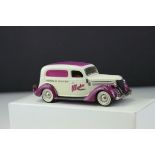 Boxed Illustra Mini Marque 1/43 Ford V8 metal model with Illustra decals, in cream and purple,