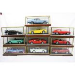 Ten cased 1:18 scale diecast model classic cars to include Porsche, Lamborghini, Chevrolet etc,