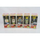 Set of five boxed Funko The Simpsons Bobblehead figures featuring Homer, Apu, Mr Burns, Duffman