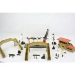 Quantity of Hornby Dublo trackside accessories to include footbridge plus vintage metal trackside