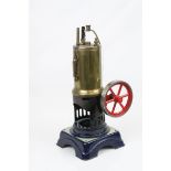 Bing (Germany) Vertical Single Cylinder Live Steam Engine with vertical boiler driving flywheel,