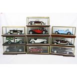 Ten cased 1:18 scale diecast model vintage vehicles to include Morgan, Alfa Romeo, Ford etc,