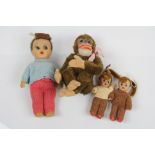 Berg (Austria) Monkey soft toy with green button plus 3 x mid 20th C plastic dolls (4)