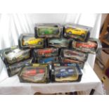 13 Boxed 1/18 Burago diecast models, diecast vg, all with faults to boxes including water damage