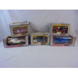 Five boxed Burago diecast models to include Renegade Jeep 0198, Land Rover Aziza 0161, Porsche