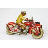 Early - mid 20th C cockwork tin plate motorcycle TT3149 model made in Gt Britain, race number 49
