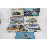 Seven boxed and unbuilt plastic model kits to include Tamiya 1/48 A-10A, 4 x ESCI 1/48 scale, 2 x