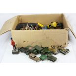 Box of loose playworn Dinky diecast models & loose playworn lead soldiers