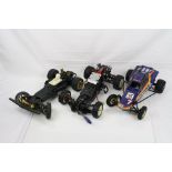 A collection of three Tamiya remote control car chassis to include 1 x Tamiya Hornet with body, 1