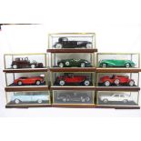 Ten cased 1:18 scale diecast model vintage cars to include Alfa Romeo, Mercedes, Rolls Royce etc,