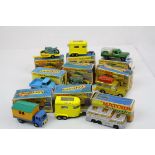 Nine boxed Matchbox Superfast diecast models to include 12 Safari Land Rover, 66 Greyhound Coach, 60