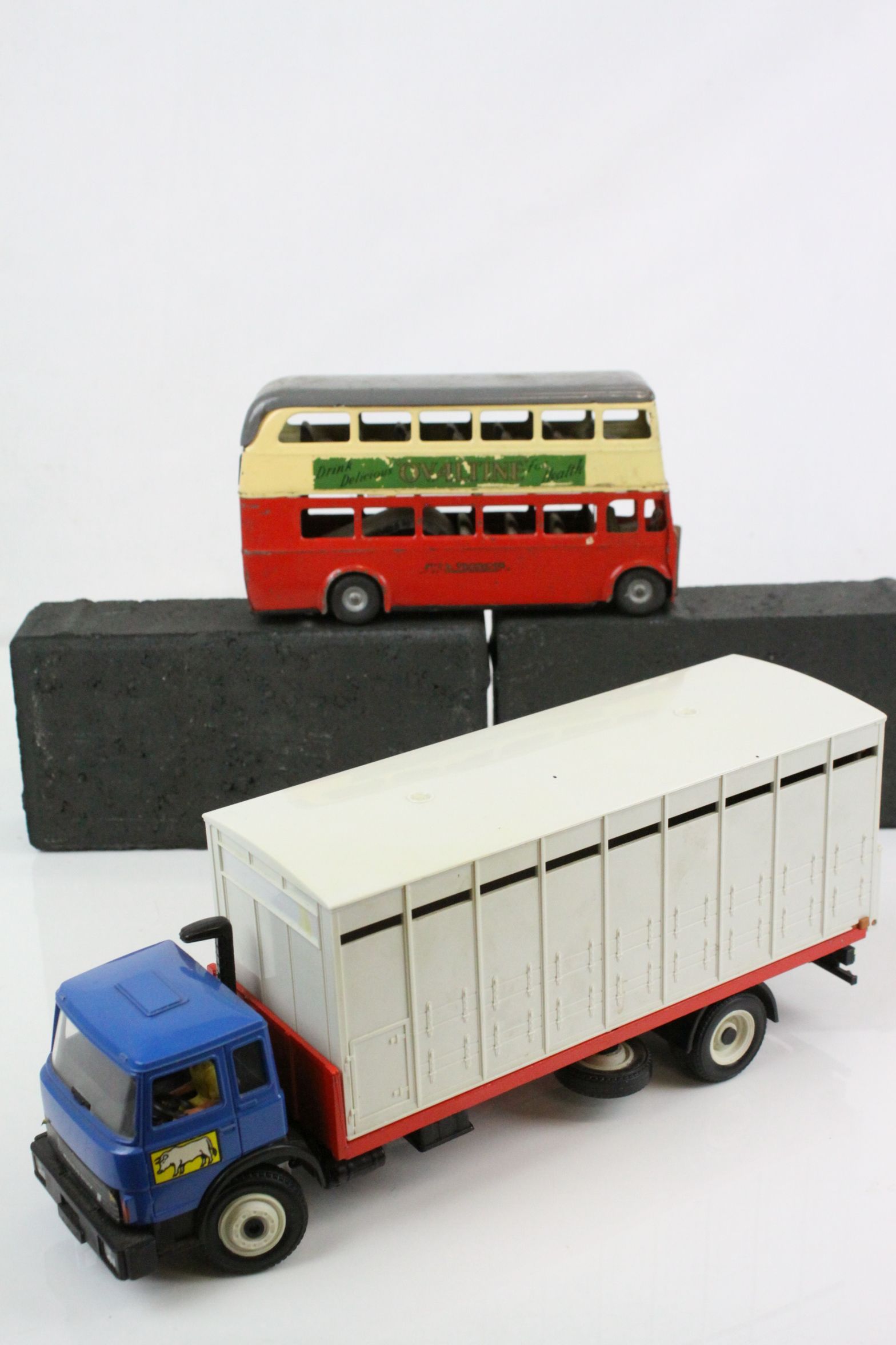 Triang Minic tin plate London Double Decker Bus, with some play wear, plus a Britains animal