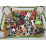 Box of 20+ loose play worn models, mostly diecast racing cars, to include Matchbox, Corgi & Dinky