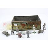 Collection of vintage play worn metal soldiers and figures, featuring Britains