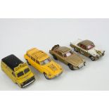 Four 1960s play worn Corgi diecast models to include James Bond 007 Aston Martin DB5, Triumph Herald