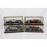 Four cased 1:18 scale diecast model vintage racing cars to include Mercedes, Maserati & Ferrari,