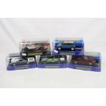 Five cased Scalextric slot cars to include C3394 Bugati Veyron, C2808 Range Rover Police Car,