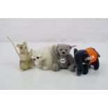 Four miniature Steiff animals, three with tags, one unmarked to include Elephant, mouse, teddy