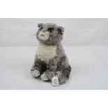 Steiff contemporary cat soft toy, cat sitting, 8" approx height, with button to ear, very good