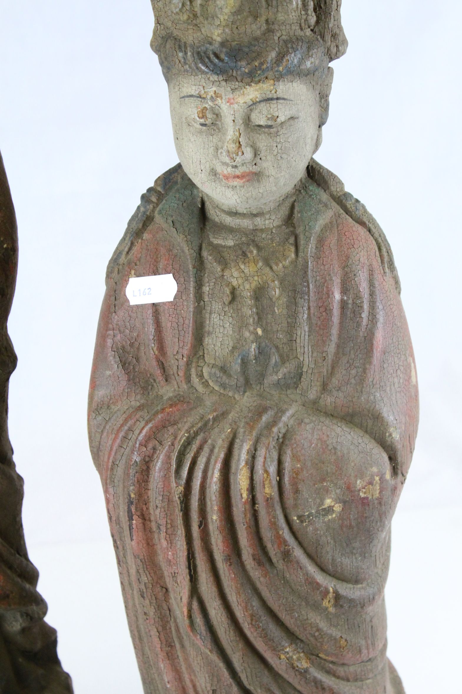 Two Chinese Carved Painted Wooden Figures - Buddha and an ancestor figure of a Woman, tallest - Image 5 of 8