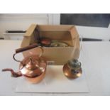 A quantity of metalware to include copper kettle, cigar cutter, oil lamp etc.