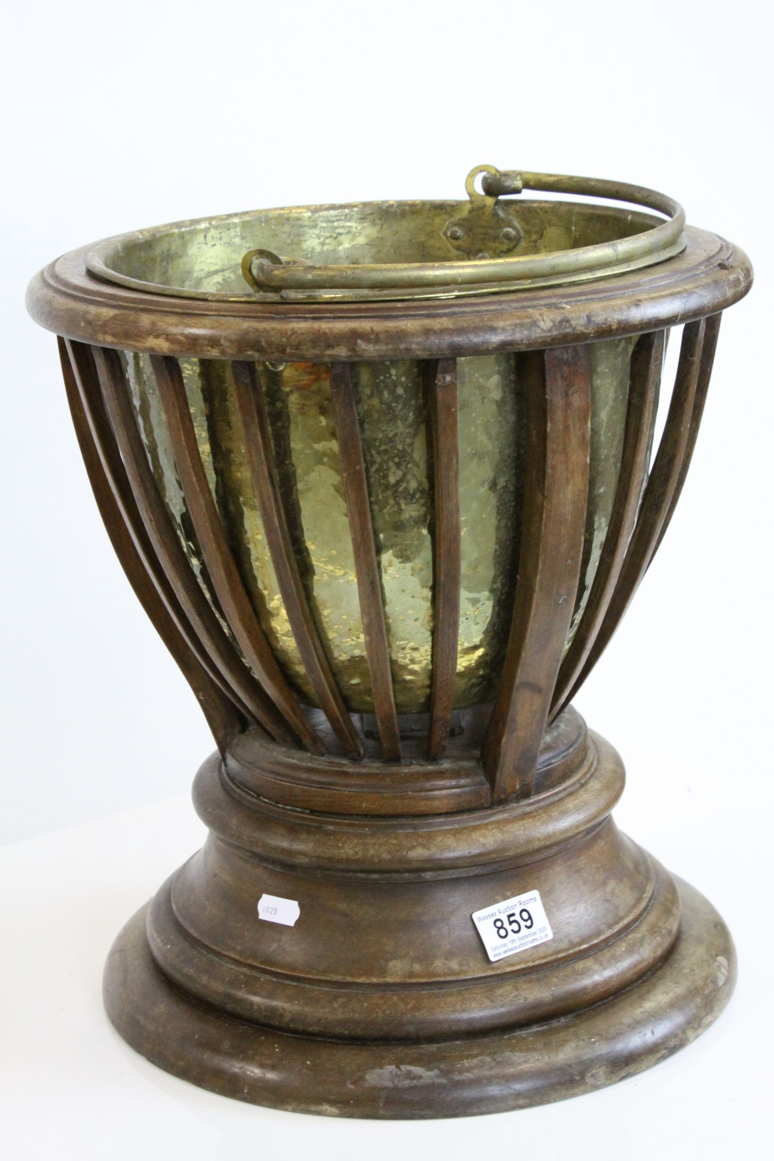 Early 20th century Plant Holder, the slatted sides holding a brass liner, the liner lifting to - Image 3 of 6