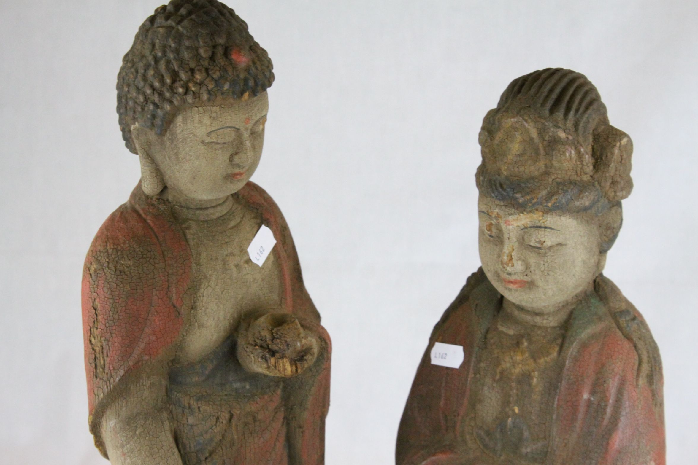 Two Chinese Carved Painted Wooden Figures - Buddha and an ancestor figure of a Woman, tallest - Image 6 of 8