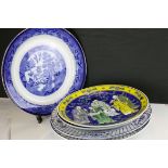 A pair of Delft style blue and white chargers ,a yellow ground Japanese plate decorated with