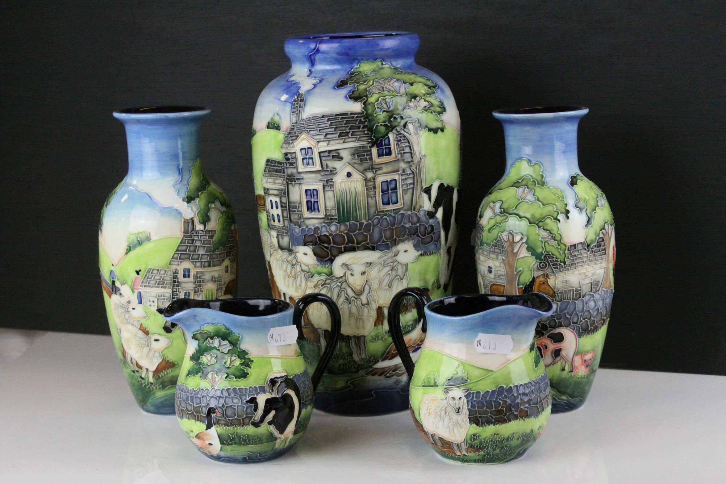 Old Tupton Ware - Collection of Three Vases and Two Jugs, all with Tube-lined decoration of Farm
