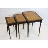 Nest of Three Tables with Brown Leather inset tops, largest 55cms long x 52cms high