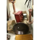 A group of wooden items to include bowls, candlesticks, plaques etc together with lights with