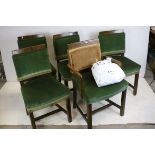 Set of Four Art Deco Walnut Dining Chairs upholstered in green fabrics with fringes together with