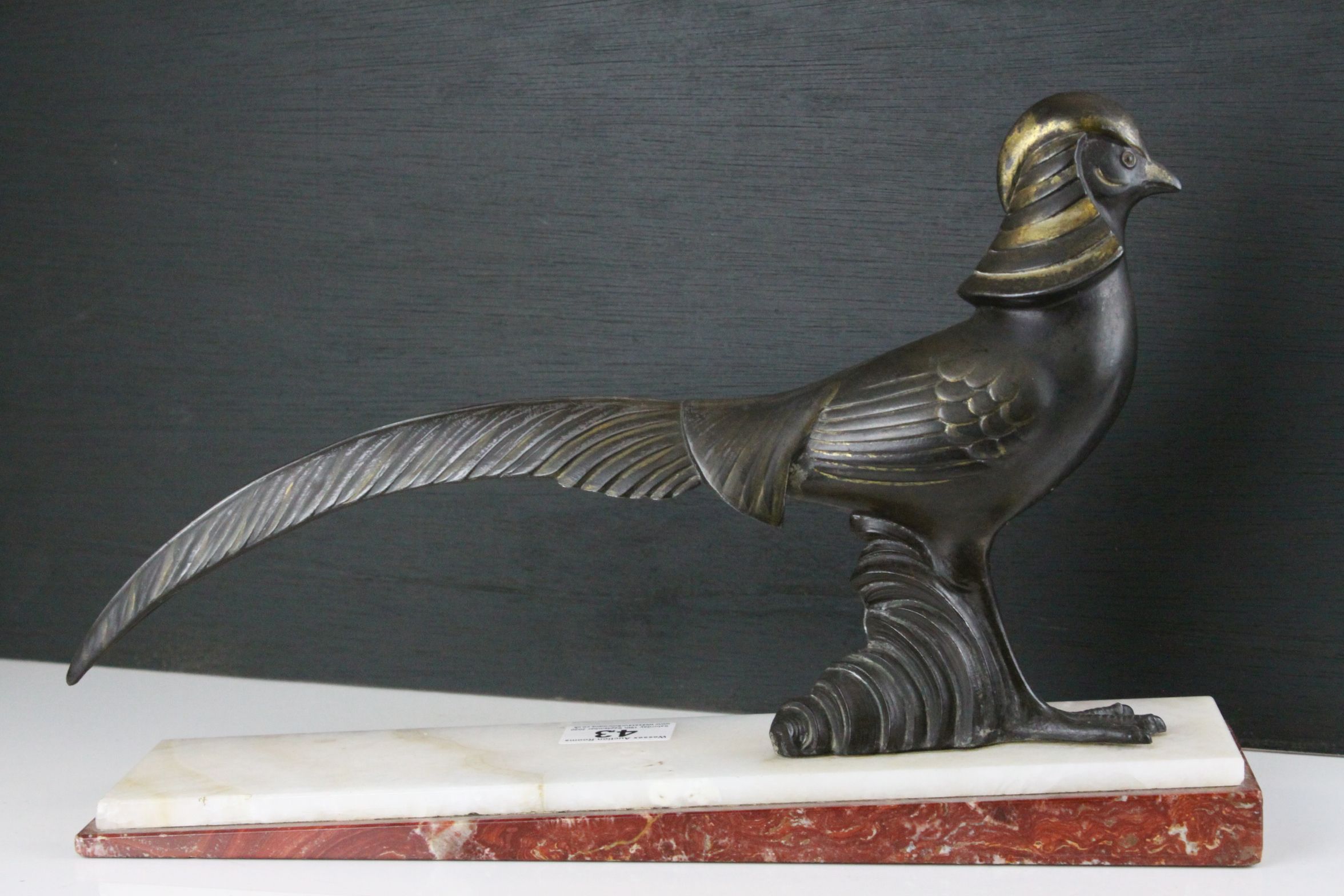 Art Deco Spelter Pheasant mounted on a Marble Plinth Base, 38cms long - Image 3 of 7