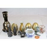 A quantity of oriental ceramics and metalware to include decorated egg shaped ornaments, planter,