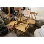 Pair of Pine Stick Back Kitchen Chairs together with Two Chairs with Back Rails carved with dragons,