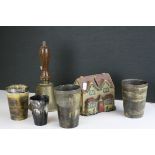 Four antique horn beakers, a Spastics presentation hand bell and a Dr Barnardos money box