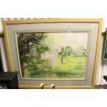 Large framed semi-abstract landscape, signed J Peters, 74cms x 52cms
