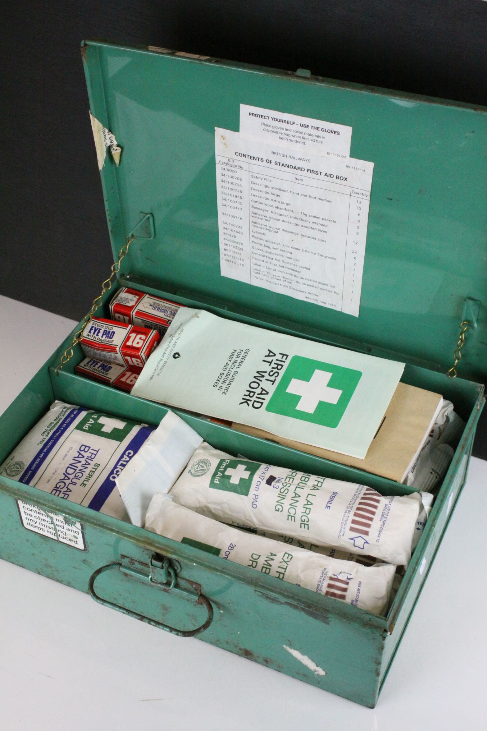 British Rail Green Metal ' First Aid ' Box with various first aid equipment inside and a British - Image 2 of 4