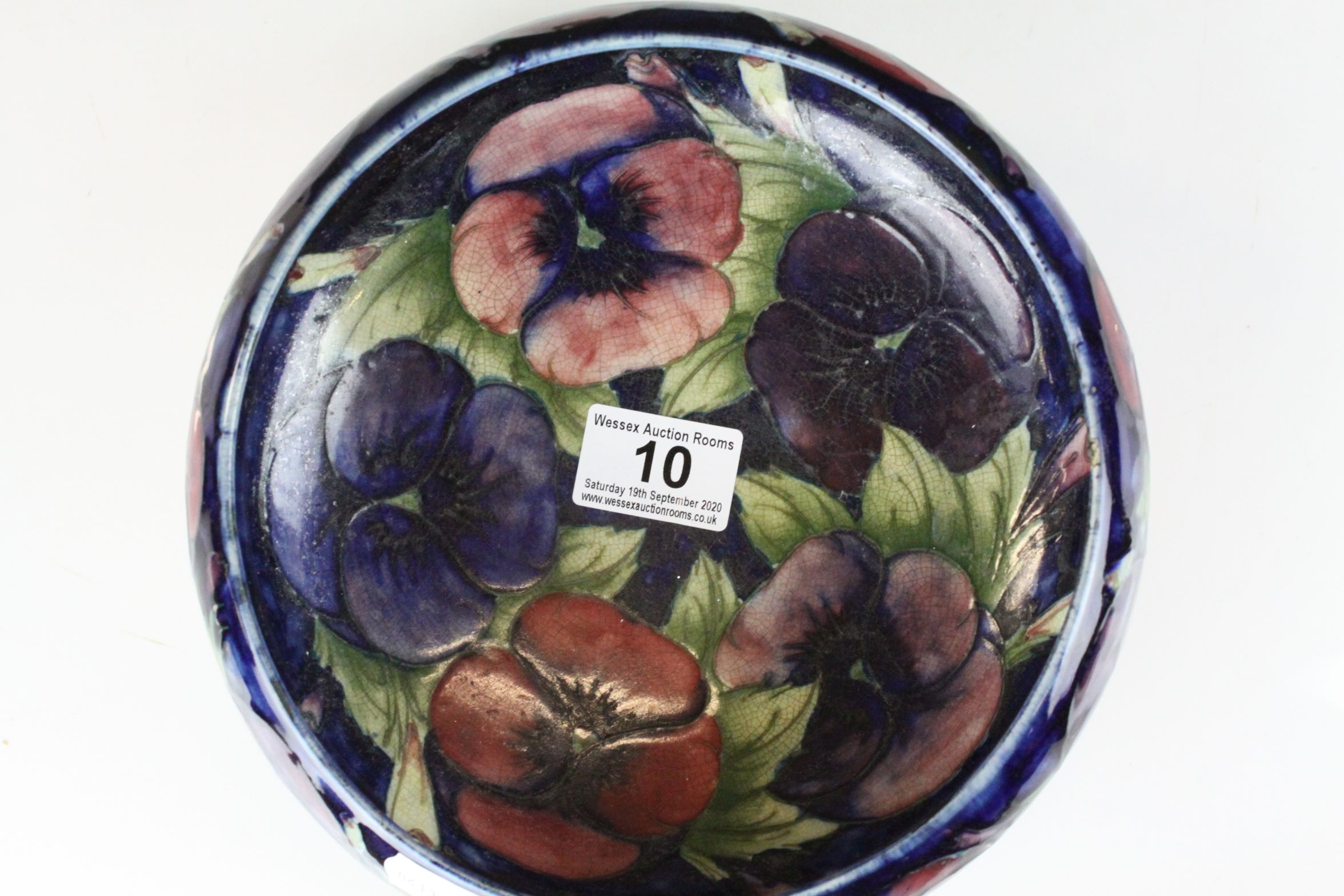 William Moorcroft Pansies Shallow Bowl, 22cms diameter (a/f) - Image 4 of 6