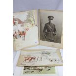 Four unframed Cecil Aldin Hunting Scene Prints, two with partially completed military pencil and