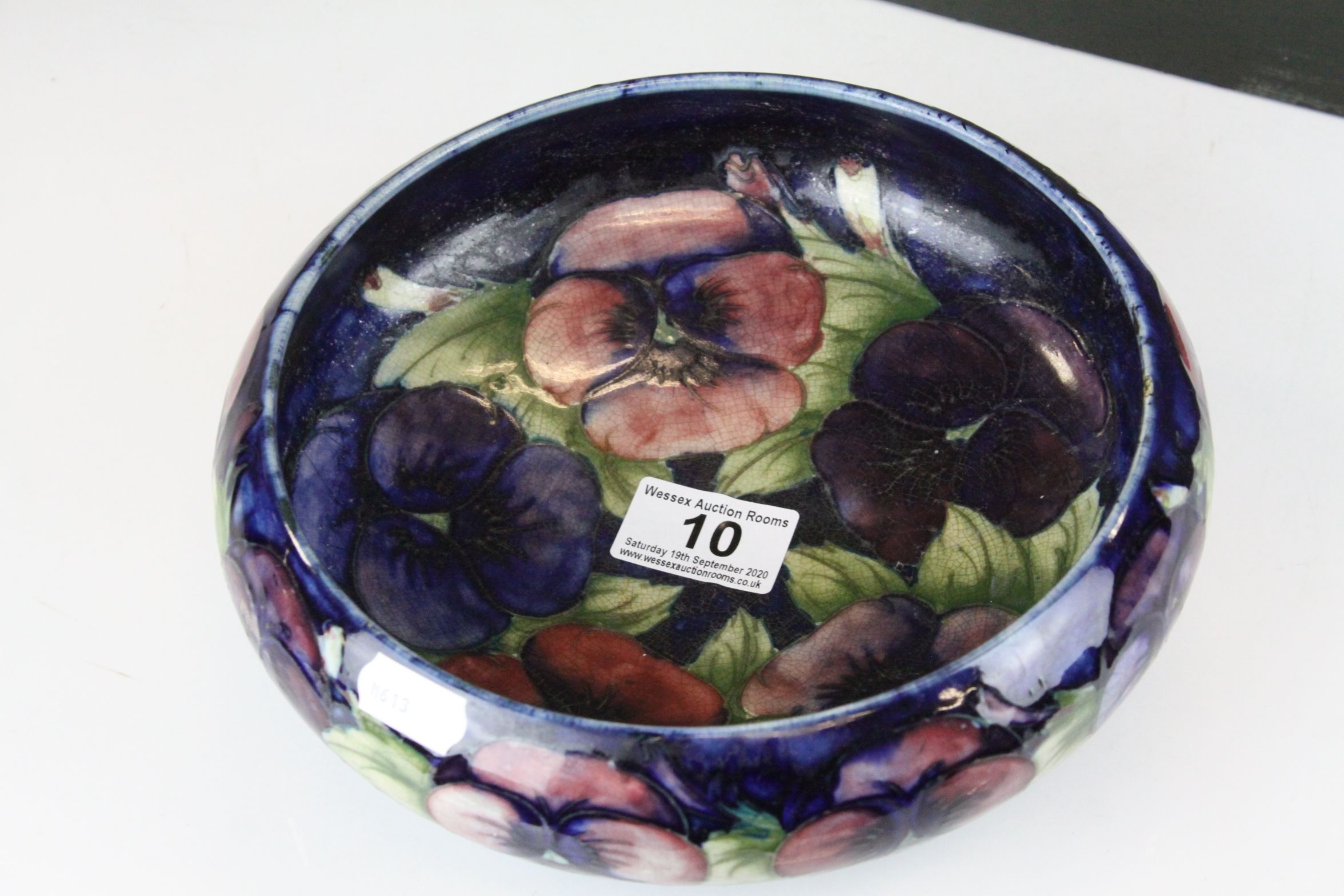 William Moorcroft Pansies Shallow Bowl, 22cms diameter (a/f) - Image 3 of 6