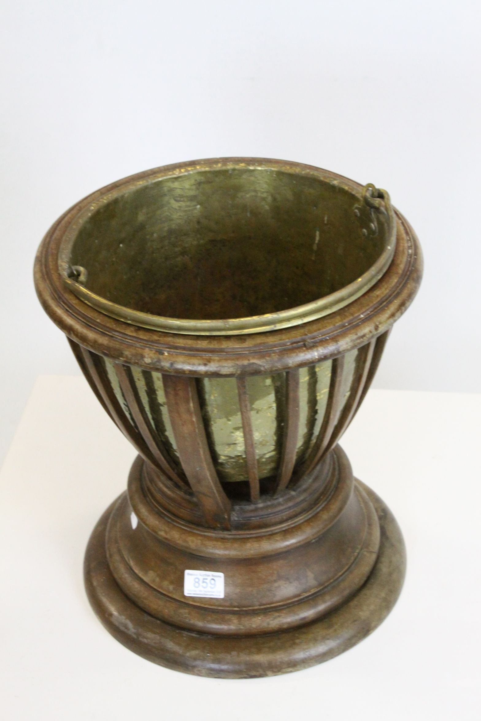 Early 20th century Plant Holder, the slatted sides holding a brass liner, the liner lifting to - Image 2 of 6