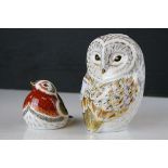 Two Royal Crown Derby Paperweights - Winter Owl and Royal Robin - both with gold stoppers